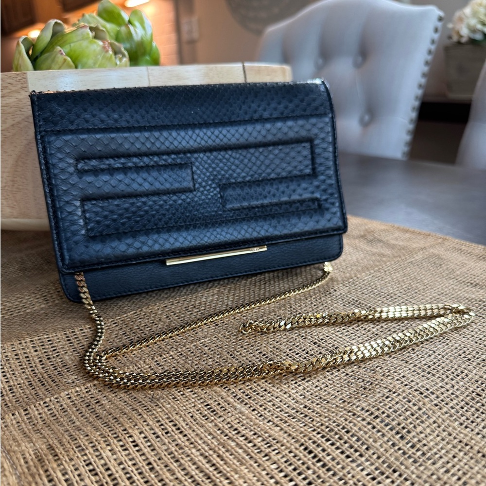 FENDI Black Snakeskin Tube Clutch with Removeable Chain